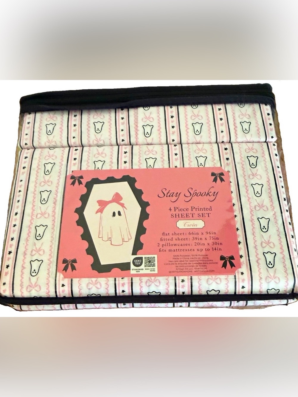 Pink Ghost Print 4-Piece Tween Sheet Set NWT